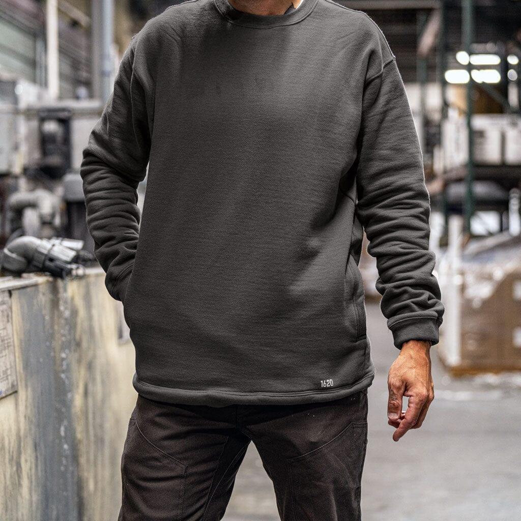 Male worker wearing The Crew Sweatshirt by 1620 Workwear in Granite