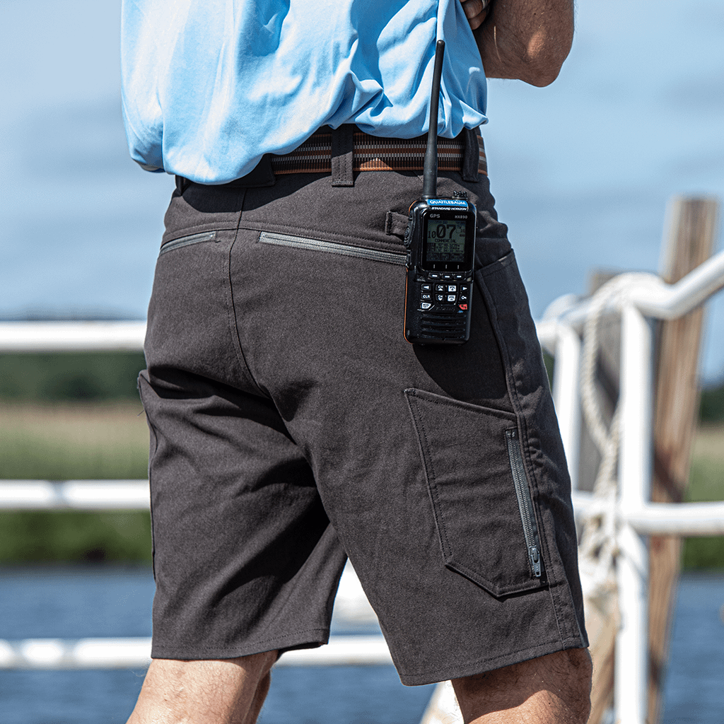Black 1620 16d Utility Shorts featuring back zippered pockets