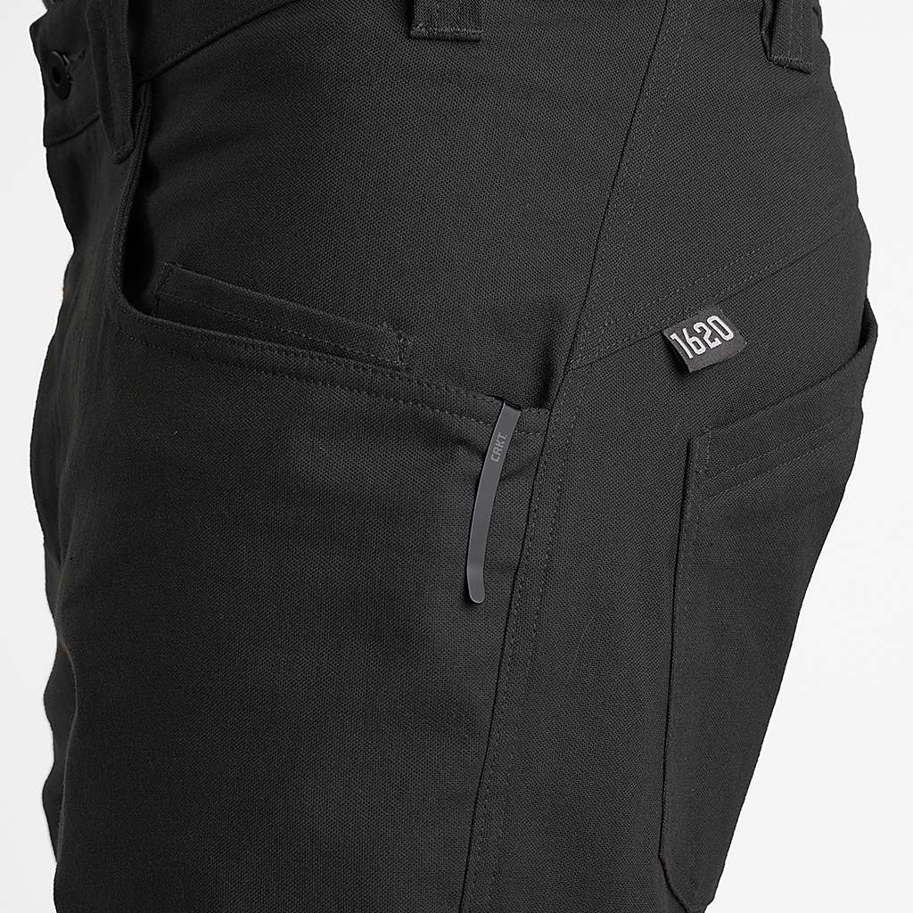 Black 1620 Slim Fit foundation Pant featuring knife clip and watch pocket with knife in pocket