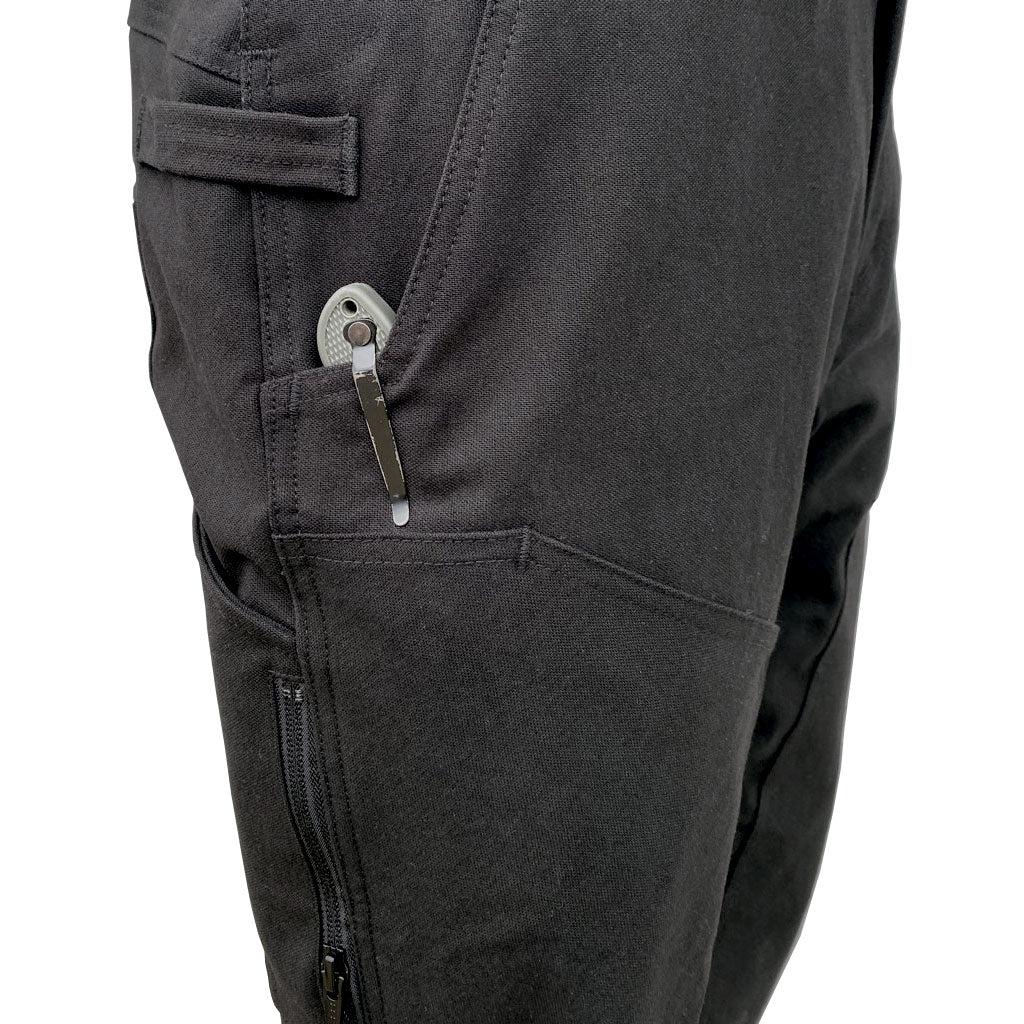 Black 1620 overall featuring right side Tool Clip Area On Pocket, Hammer Loop, Side Device/Phone Pocket, Side YKK Zippered Key Pocket, with knife inside