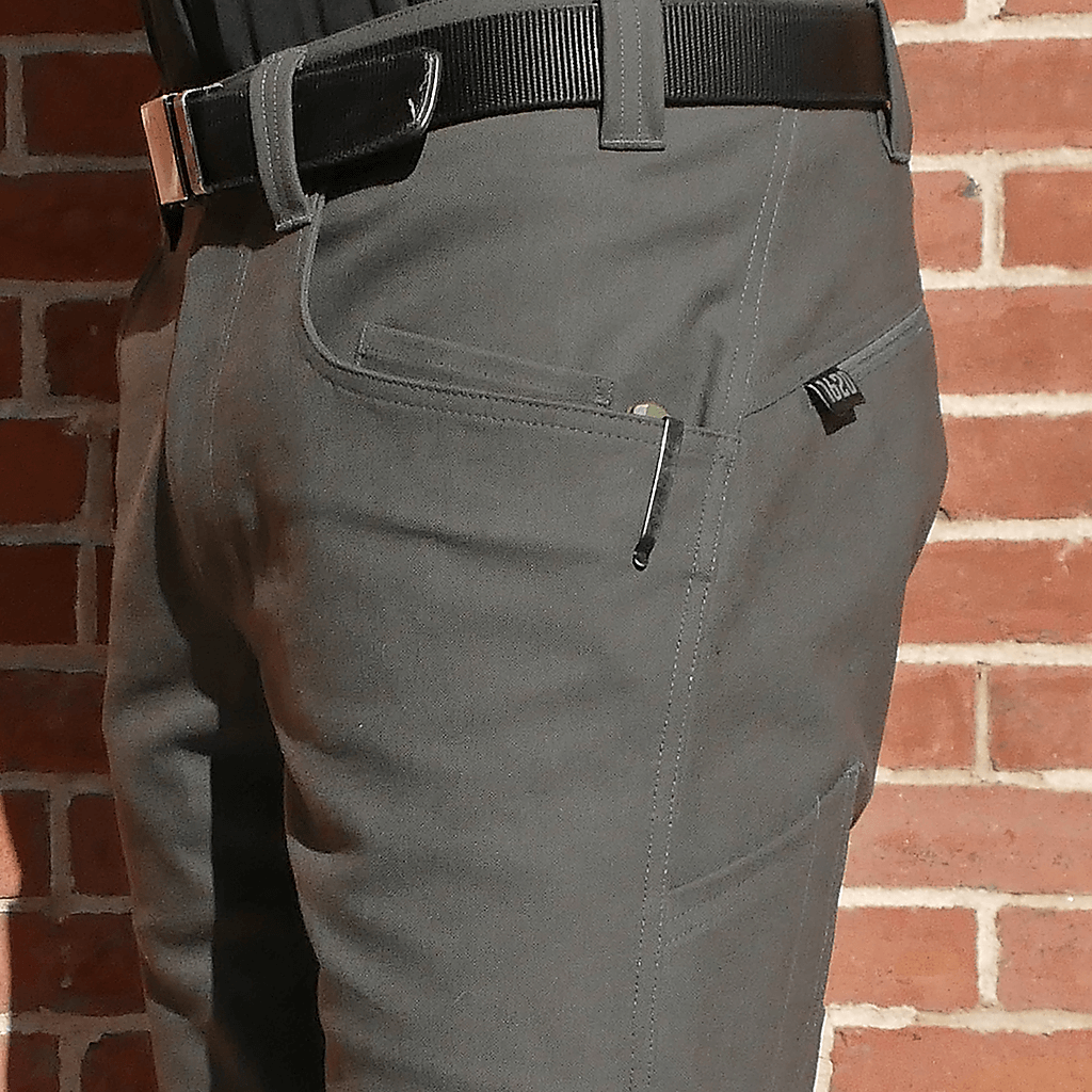 Grey 1620 16d Utility Shorts featuring left hand watch pocket and dual-purpose knife clip area with knife inside