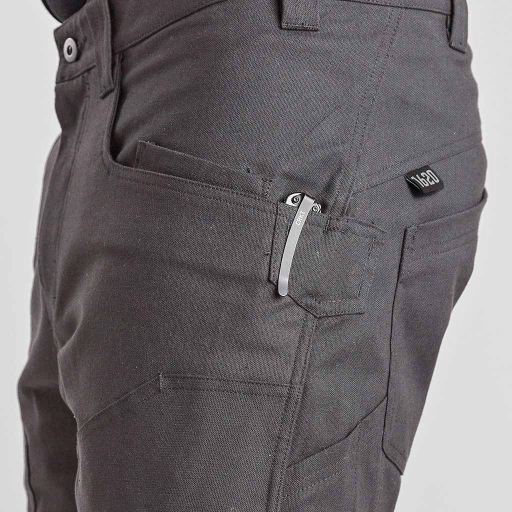 Grey 1620 Double Knee Utility Pants featuring Knife clip and watch pocket with knife inside.