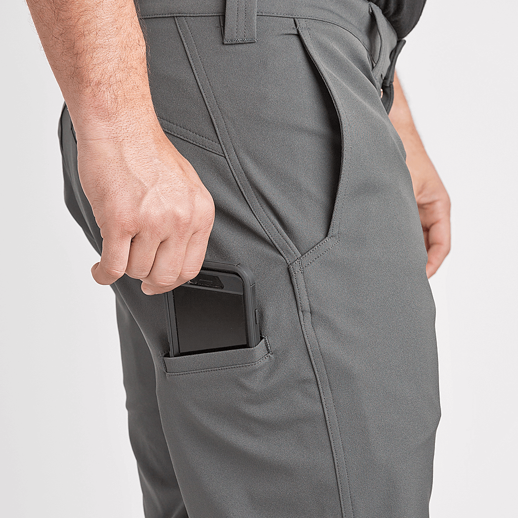 Grey 1620 Shop Pants featuring right leg pocket with mobile phone inside