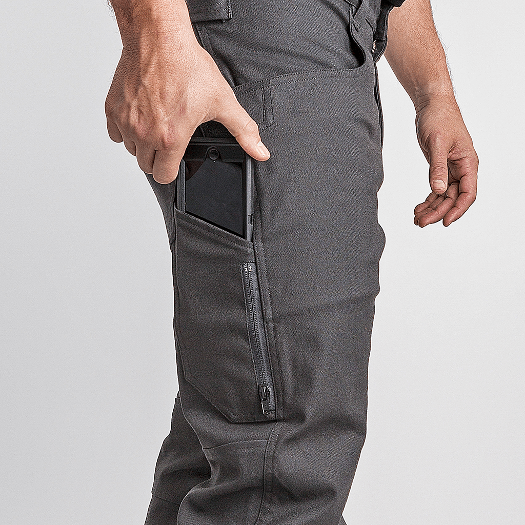 Grey 1620 Single Knee Utility Pant featuring side phone pocket with phone inside