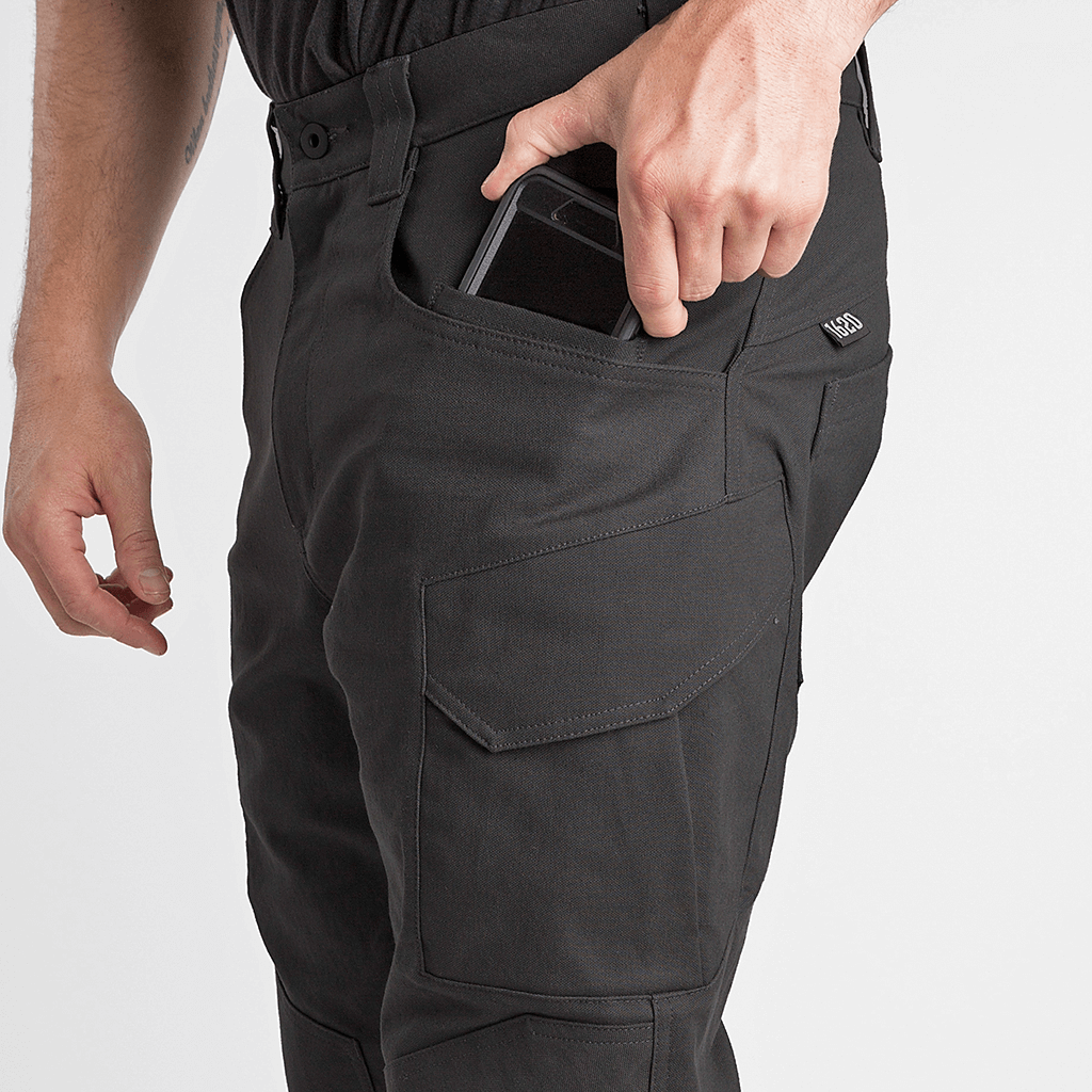 Black 1620 Double Knee Cargo pant featuring Knife Clip and Watch Pocket with phone inside pocket